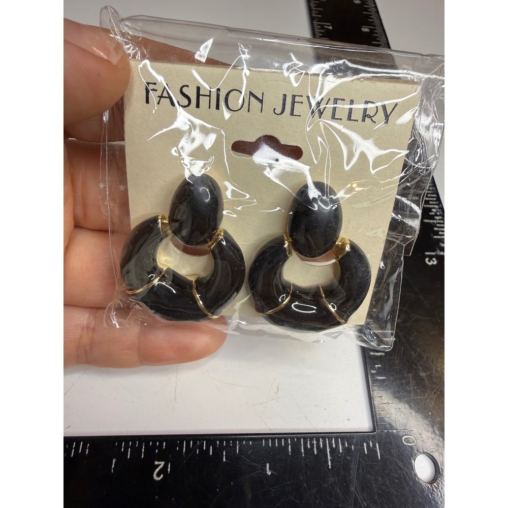 Black and Gold Tone Door Knocker Clip On Earrings Fashion Jewelry Statement